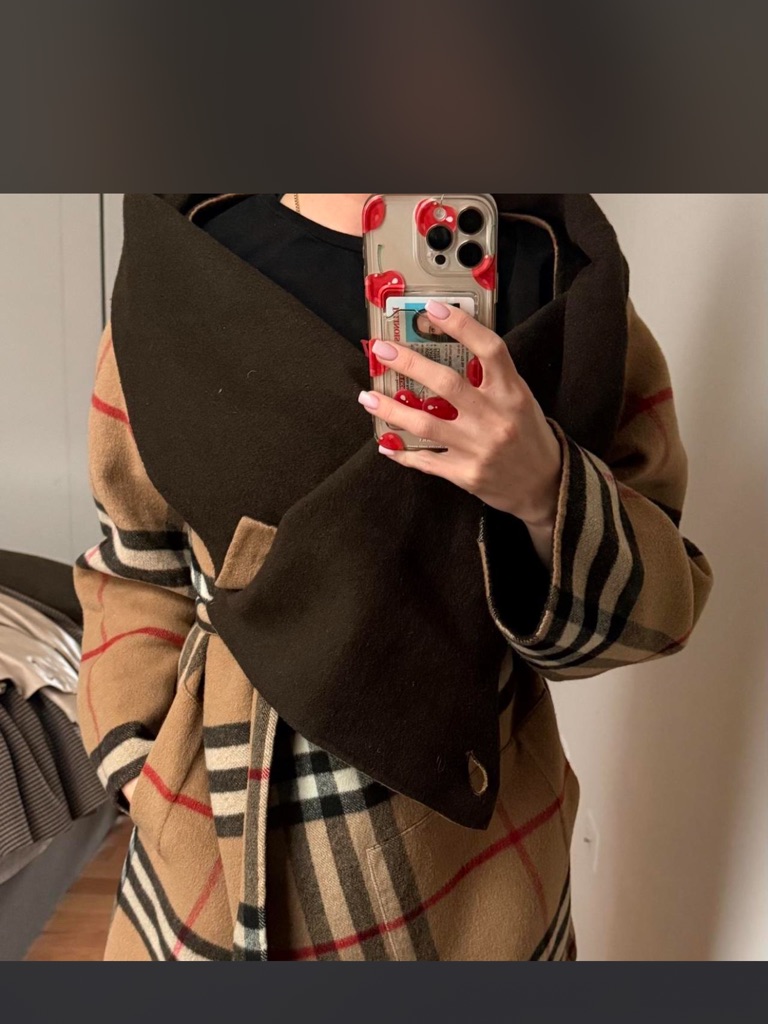 Burberry Beige, Brown And Black Plaid Coat With Red Logo Tag